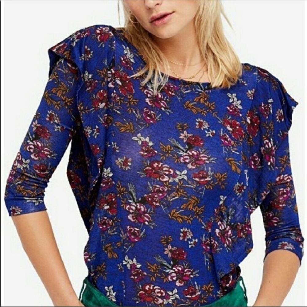 Free People Blue Floral Ruffle Sleeve Boho Blouse Keyhole Back Size S
